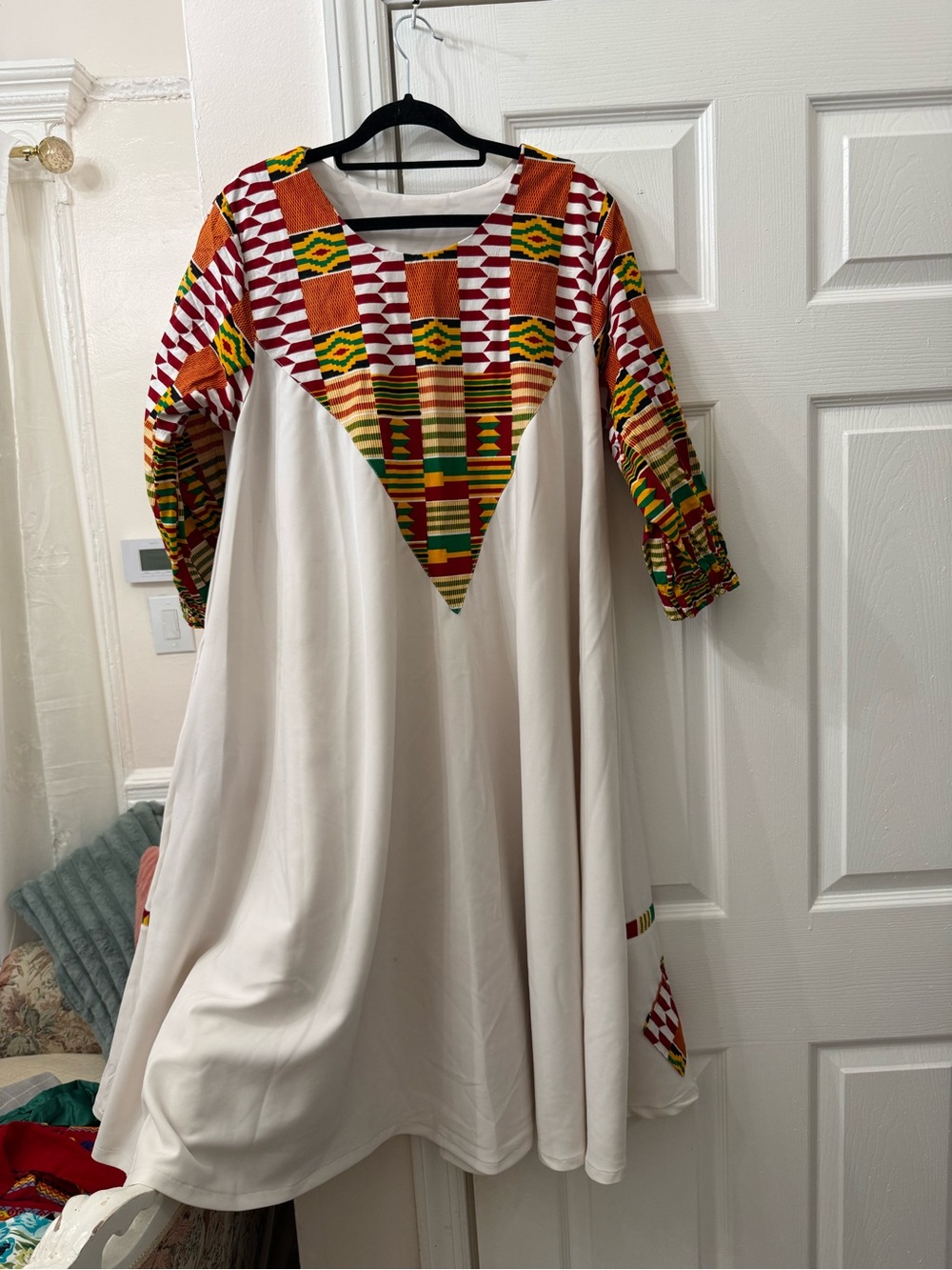 White Long-Sleeve Dress with Multicolor Kente Yoke